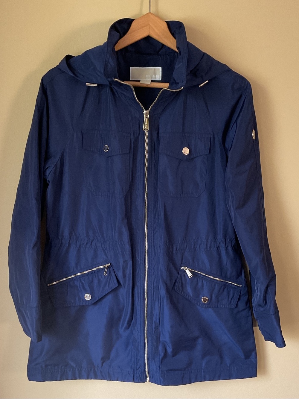 Michael Kors Navy Hooded Admiral Rain Jacket with Gold Hardware Size M